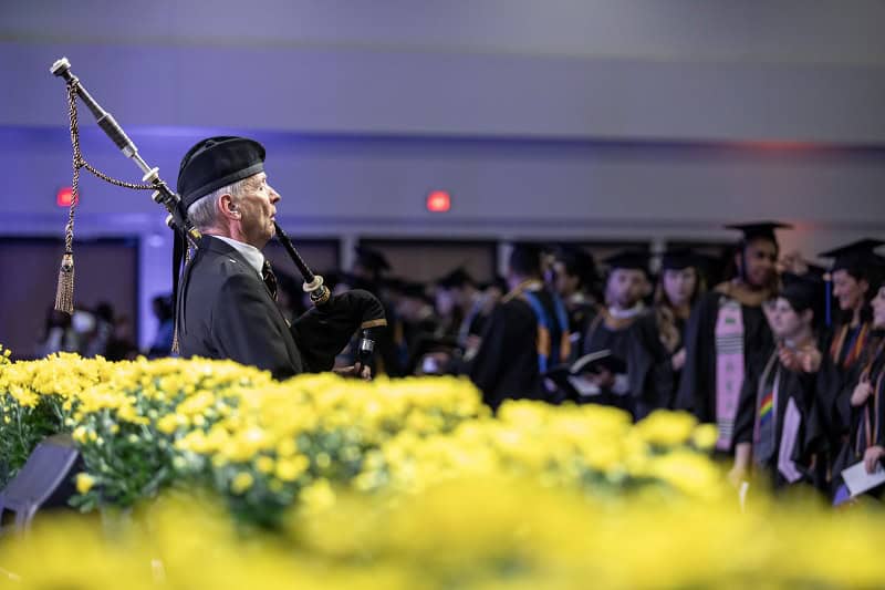 Bagpipes play at the beginnings Goizueta Commencement 2024 celebrations.