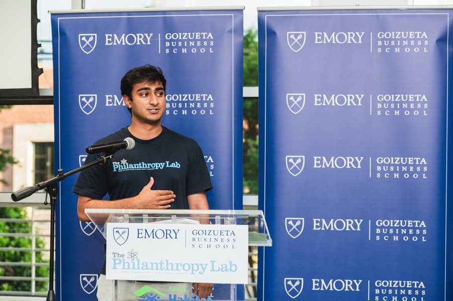 BBA student Agha Haider shares his experiences from Goizueta's 2024 Philanthropy Lab with those attending the giving ceremony